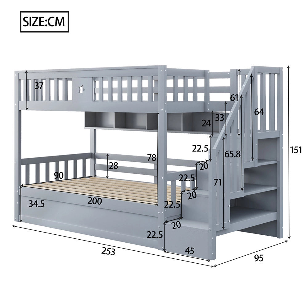 Letto a Castello Legno Ragazzi – Xylo – 90x200cm Grigio, Base Idraulica, Scala con Ripostiglio, Scaffali