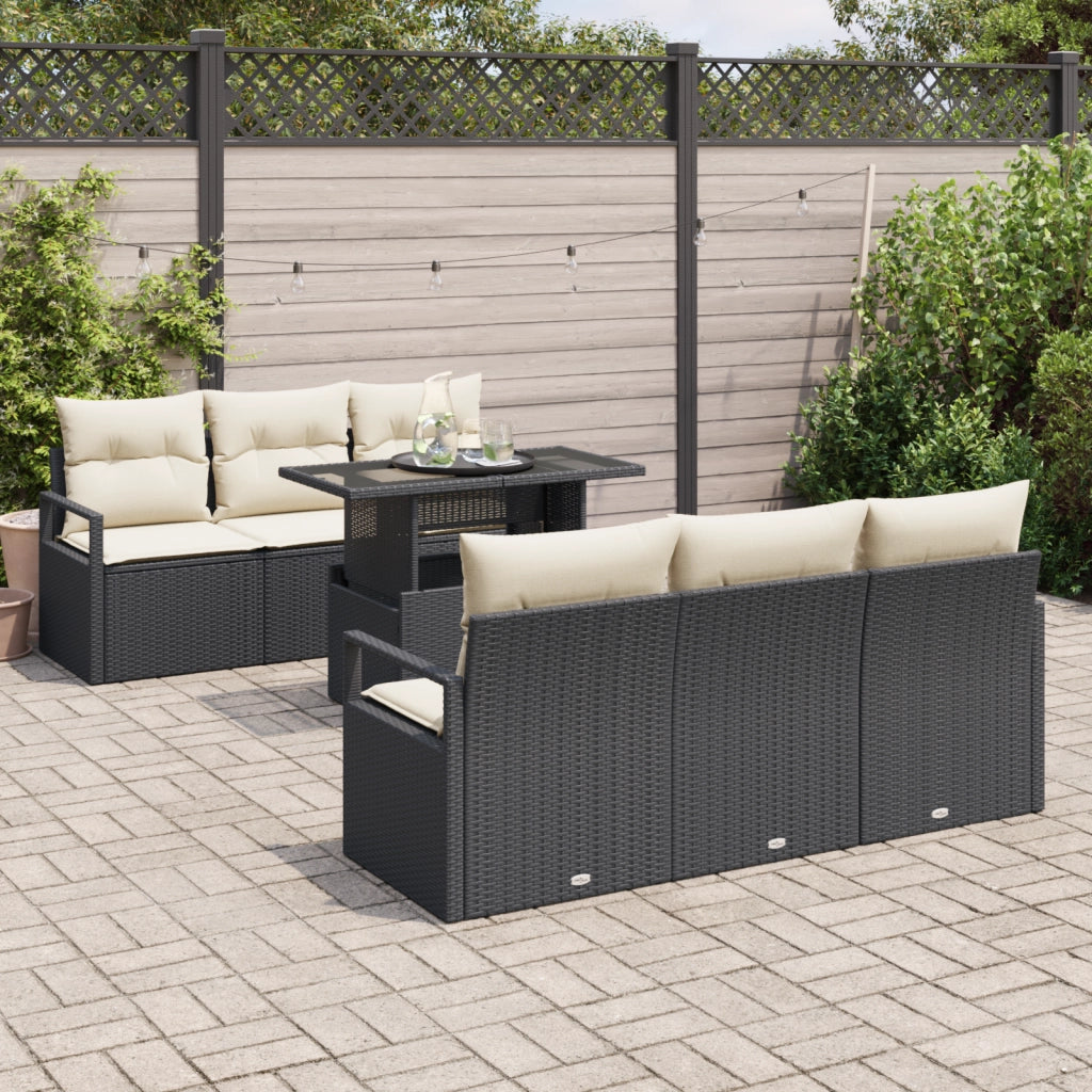 Set Divano da Giardino  da 7 Pezzi con Cuscini Nero Polyrattan