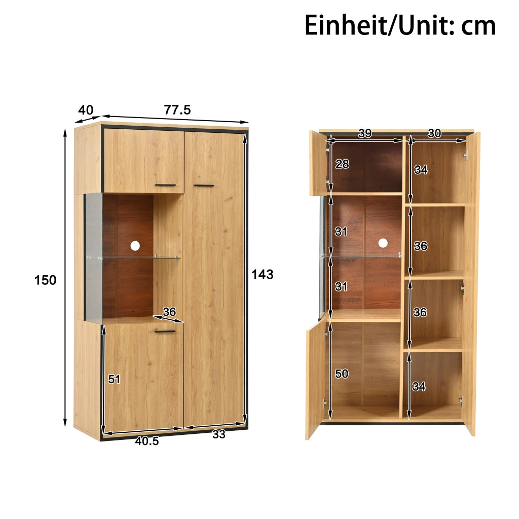 Vetrina con 1 Anta in Vetro e 3 Ripiani Regolabili con LED per Soggiorno in MDF 77;5×40×150 cm Naturale