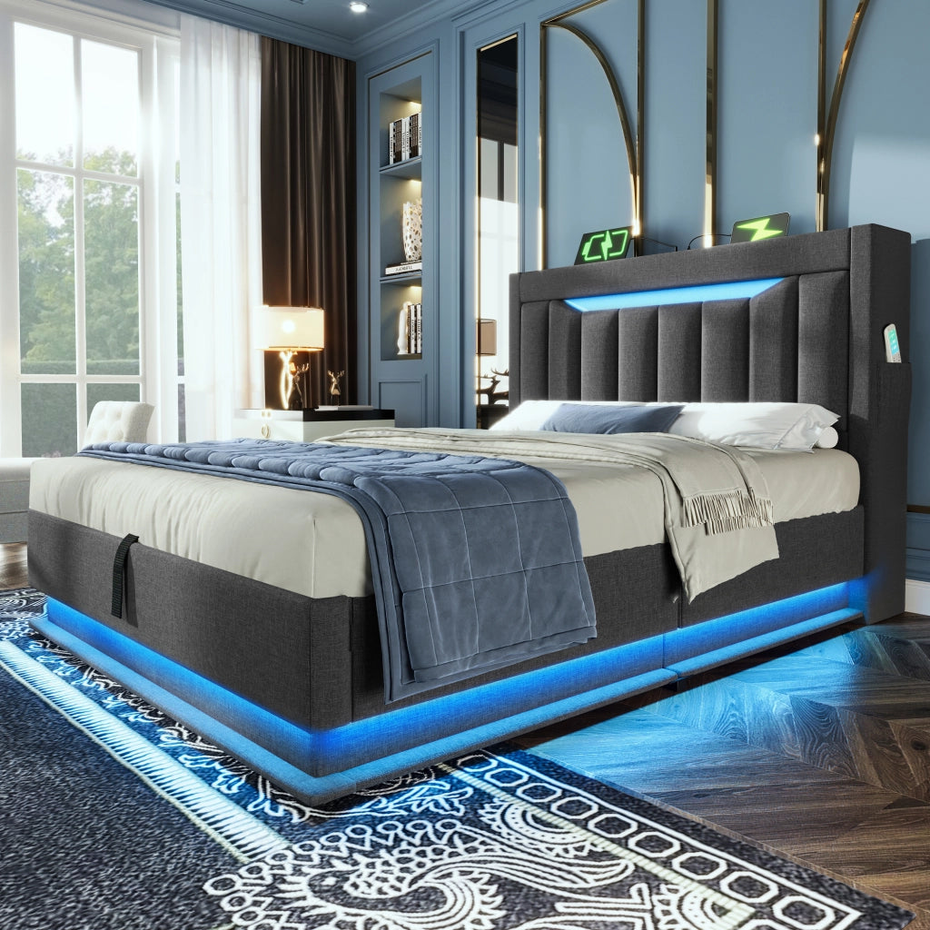Letto singolo imbottito 90x200 cm con testiera contenitore, LED, prese USB e Type-C, struttura salvaspazio, grigio, senza materasso
