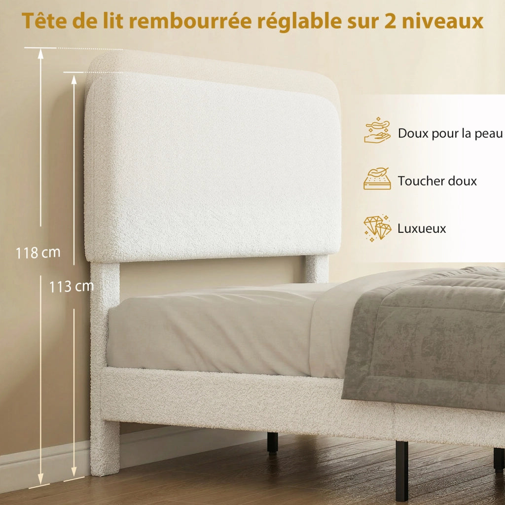 Letto Imbottito Matrimoniale 140x190 con Testiera Regolabile e Struttura in Metallo ¨C Minimal ¨C Bianco