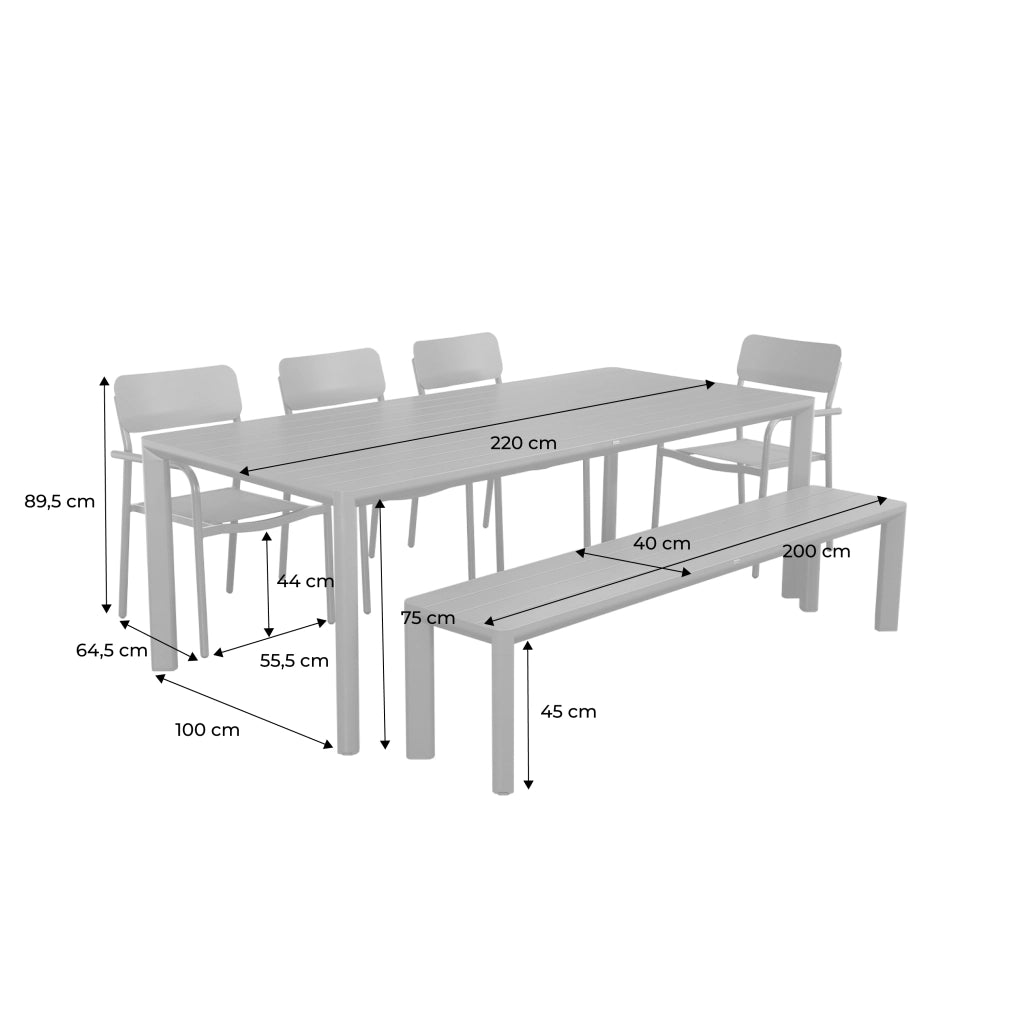 Set tavolo da giardino in alluminio con 1 panchina e 4 sedie, beige