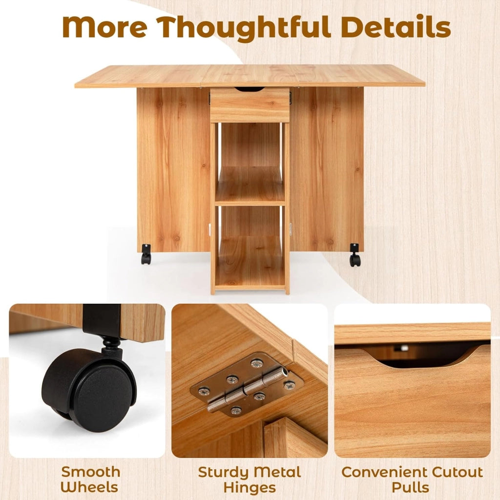 Tavolo Pieghevole da Cucina, Tavolo da Pranzo Piccolo Pieghevole con 2 Ruote, Tavolo da Cucina Mobile con 1 Cassetto e 2 Ripiani, Tavolo da Pranzo in Legno