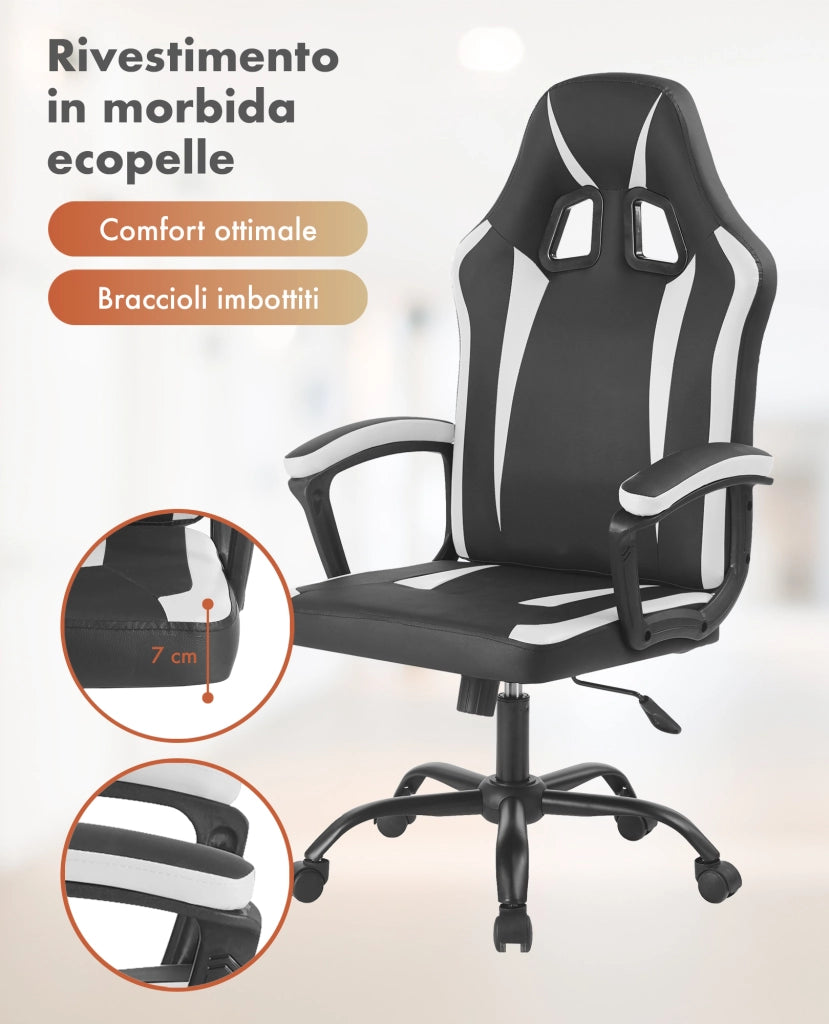 Sedia Gaming Adulto Professionale SimilPelle Reclinabile Con Braccioli Poltrona Ufficio Regolabile in Altezza Pistone Gas Gamer Portata 150 Kg Bianco