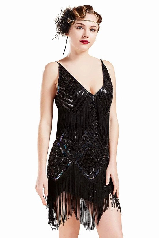 Vestito con collo V - Stile anni 20 - Retro - Stile Charleston/j anni 50 - Tema festa Great Gatsby - Stile vintage - Vestito con retro styling