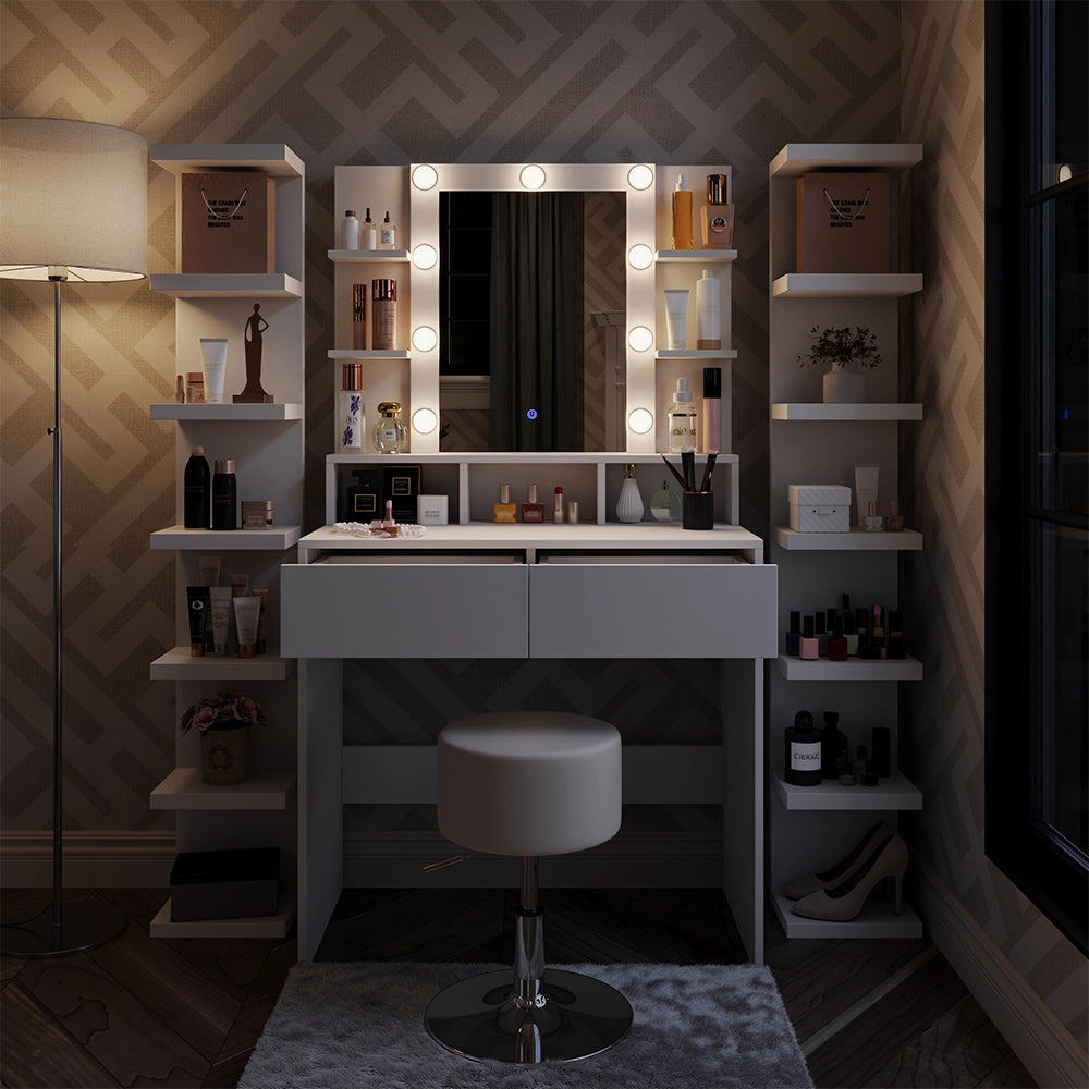 Vicco Tavolo da toeletta Bianco 80 cm con illuminazione LED e sgabello