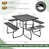 Set Tavolo da Picnic Quadrato con Panche per 8 Persone, Tavolo da Picnic con 4 Panche e Foro per Ombrellone, con Telaio in Metallo, Ogni Panca Portata 225 kg, per Giardino, Cortile (Nero)