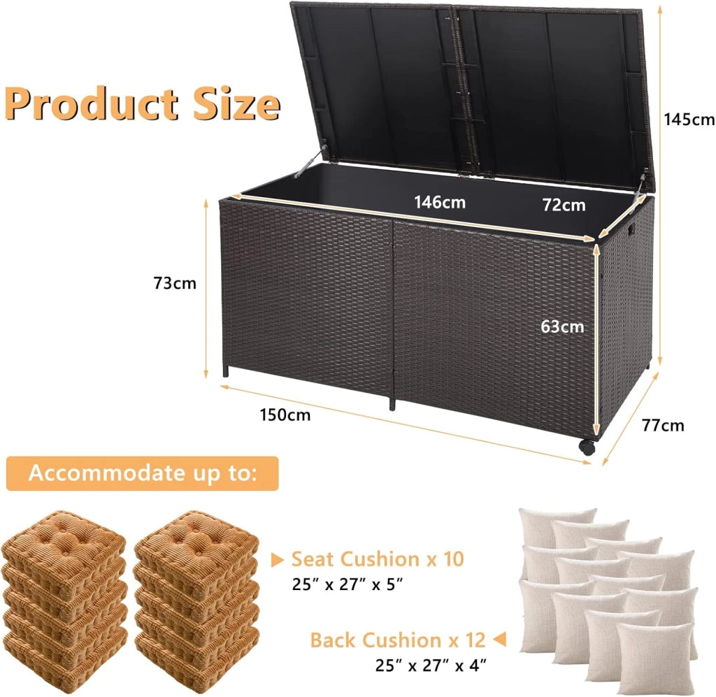 Scatola portaoggetti per esterni, arrotolabile, in polyrattan, con maniglie, contenitore portaoggetti 150 x 77 x 72 cm, impermeabile con coperchio, contenitore con spazio ventilato
