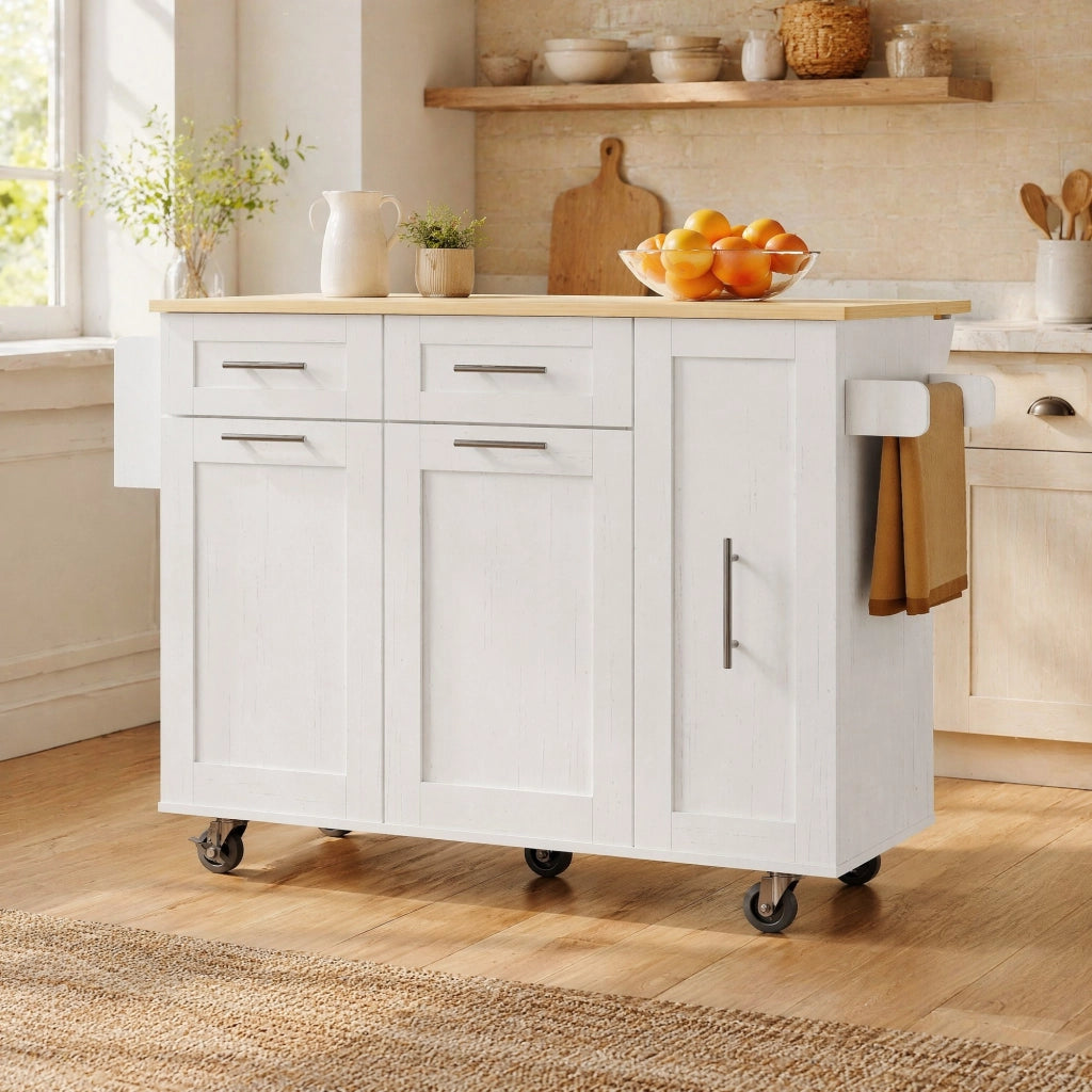 Carrello da Cucina con Piano Pieghevole; Vani Estensibili e Ruote con Freno; 110 x 46 x 90.5 cm; Bianco