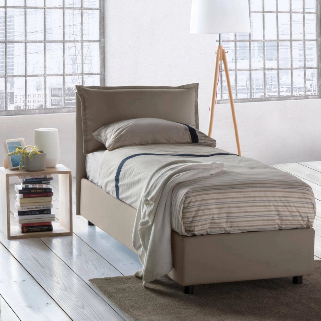 Letto singolo Animal, Letto contenitore con rivestimento in tessuto, Made in Italy, Apertura frontale, con materasso cm 90x190 incluso, Tortora