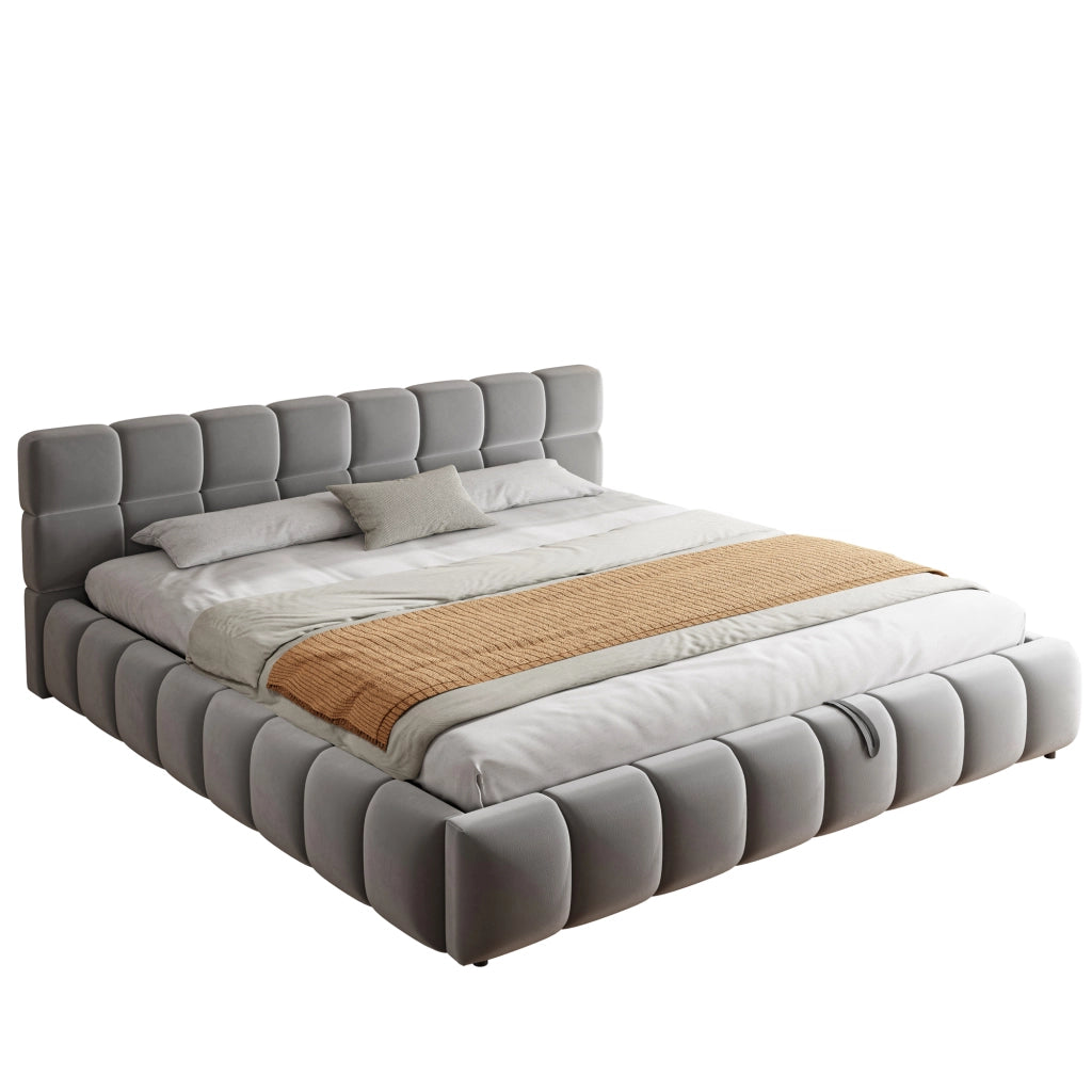 Letto contenitore capitonné con LED multicolore e vano idraulico LEMONMAX; 180x200 cm; testiera imbottita; velluto; grigio