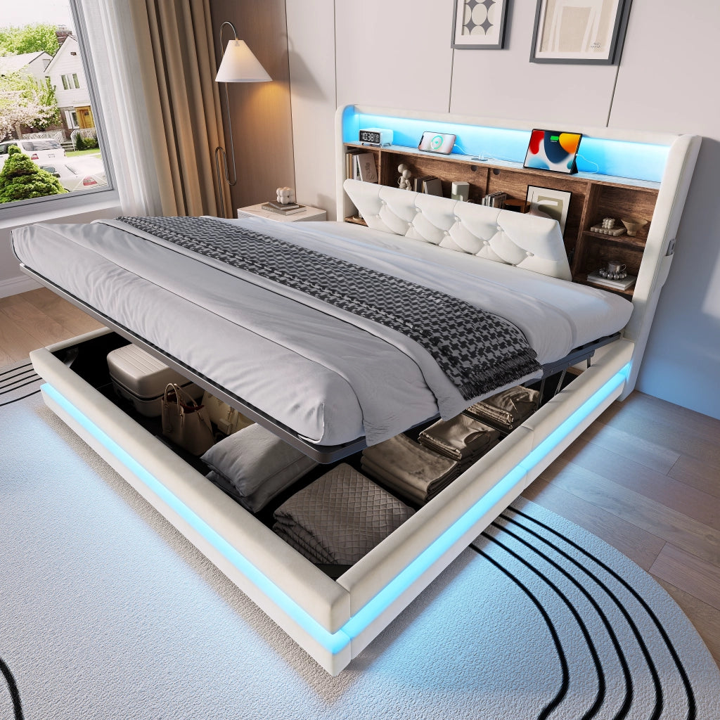 LETTO contenitore 140x200 cm in velluto beige con testiera multifunzione
