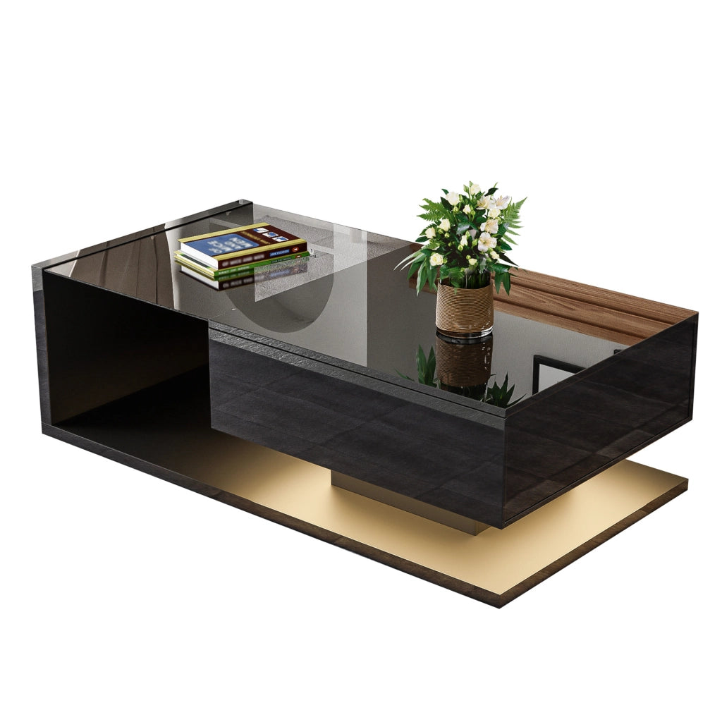 Tavolino da caffè 105x55x32.5 cm; piano in vetro temperato con LED a 16 colori; pannello truciolare nero