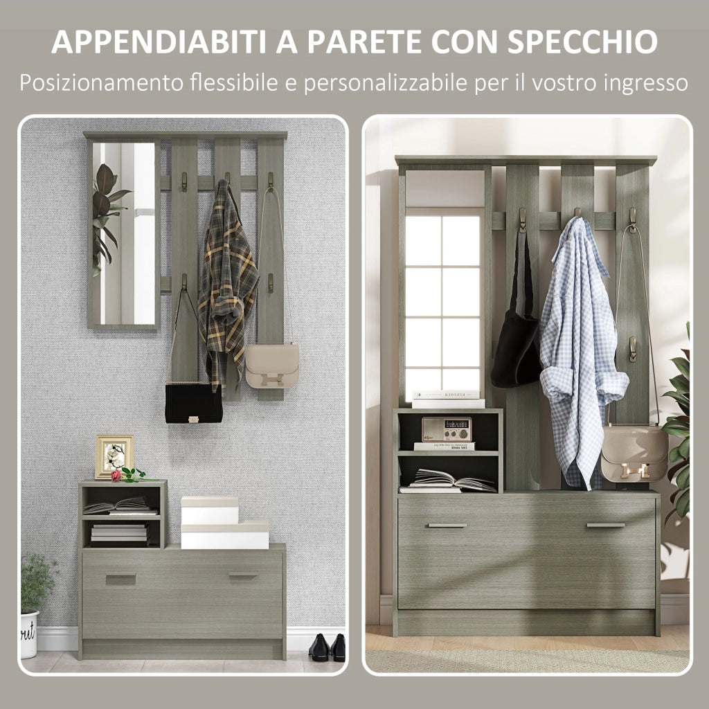 Mobile Guardaroba per Ingresso con Specchio Appendiabiti e Scarpiera Regolabile Grigio