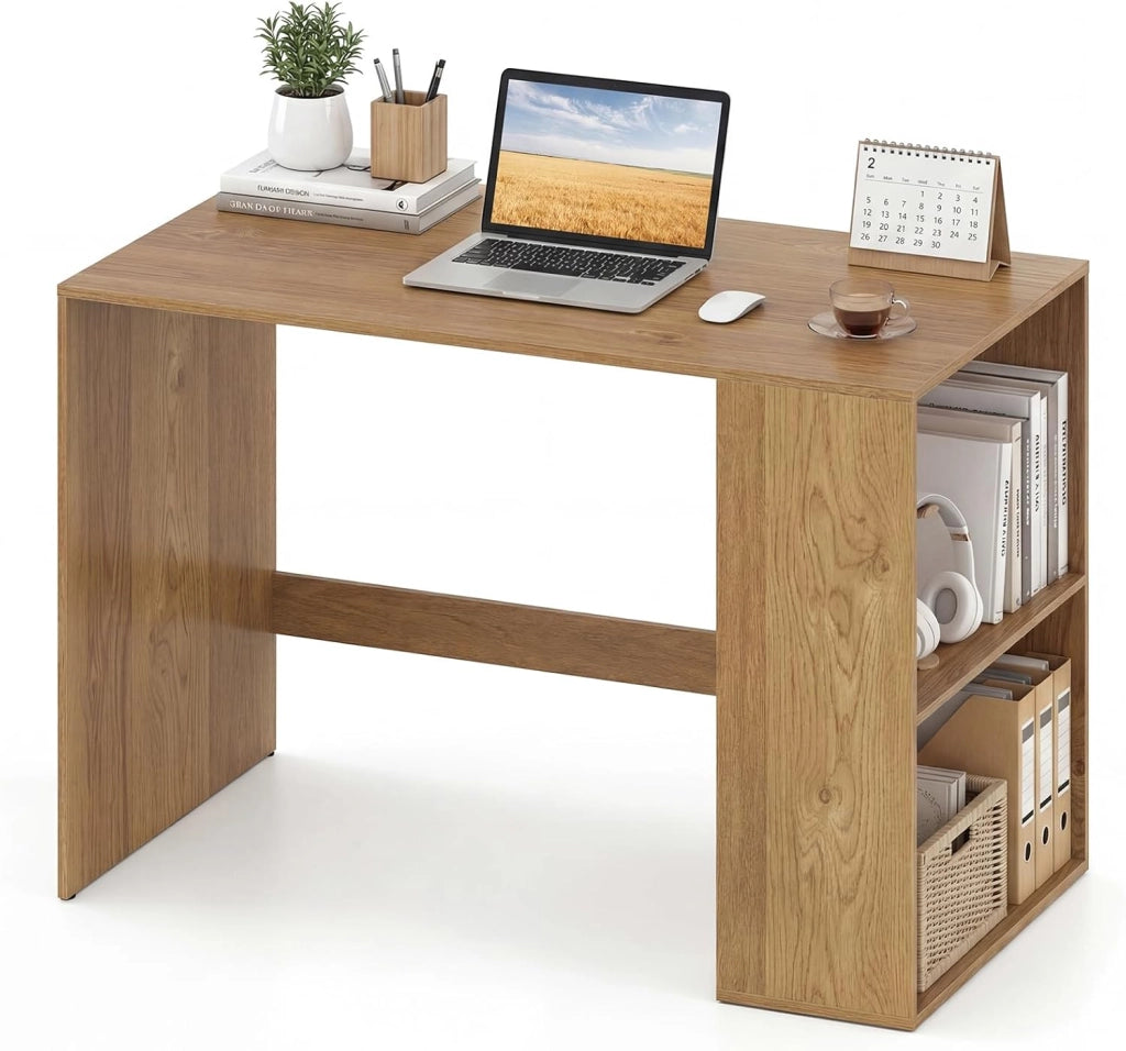 Scrivania Ufficio con Libreria Laterale a 2 Ripiani e Ampio Piano, 112 x 60 cm Scrivania Gaming in Legno, Scrittoio per Computer Salvaspazio per Studio, Soggiorno e Ufficio (Bianco)