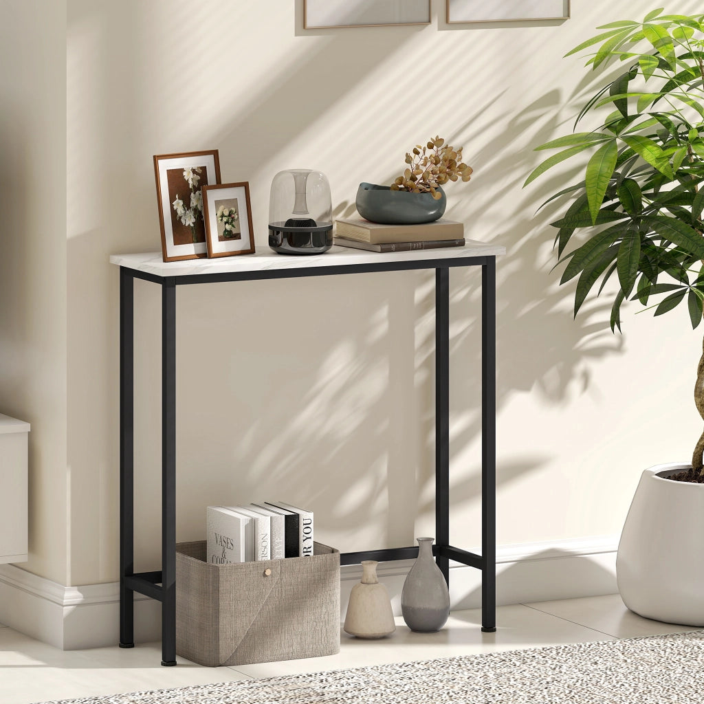 Tavolo Consolle da Ingresso con Piano Effetto Marmo, in Legno e Acciaio, 75x24x76 cm, Bianco e Nero