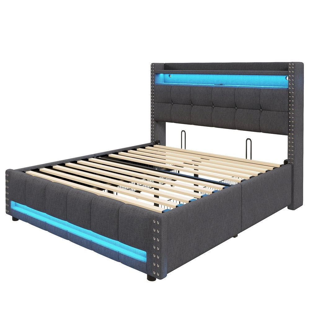 Letto Imbottito Contenitore con LED e USB ¨C MINIMAL ¨C Tessuto Grigio, 4 Cassetti, 160x200