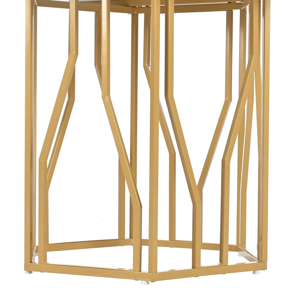 Tavolo moderno esagonale con piano effetto marmo, struttura in metallo dorato, bianco e oro