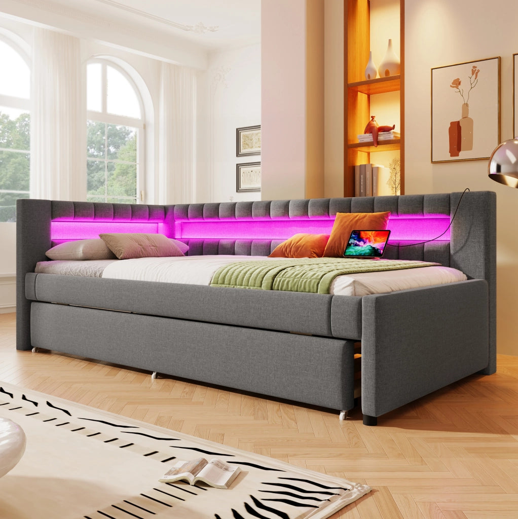 Letto da giorno 90x200 cm con letto estraibile, LED e USB-C