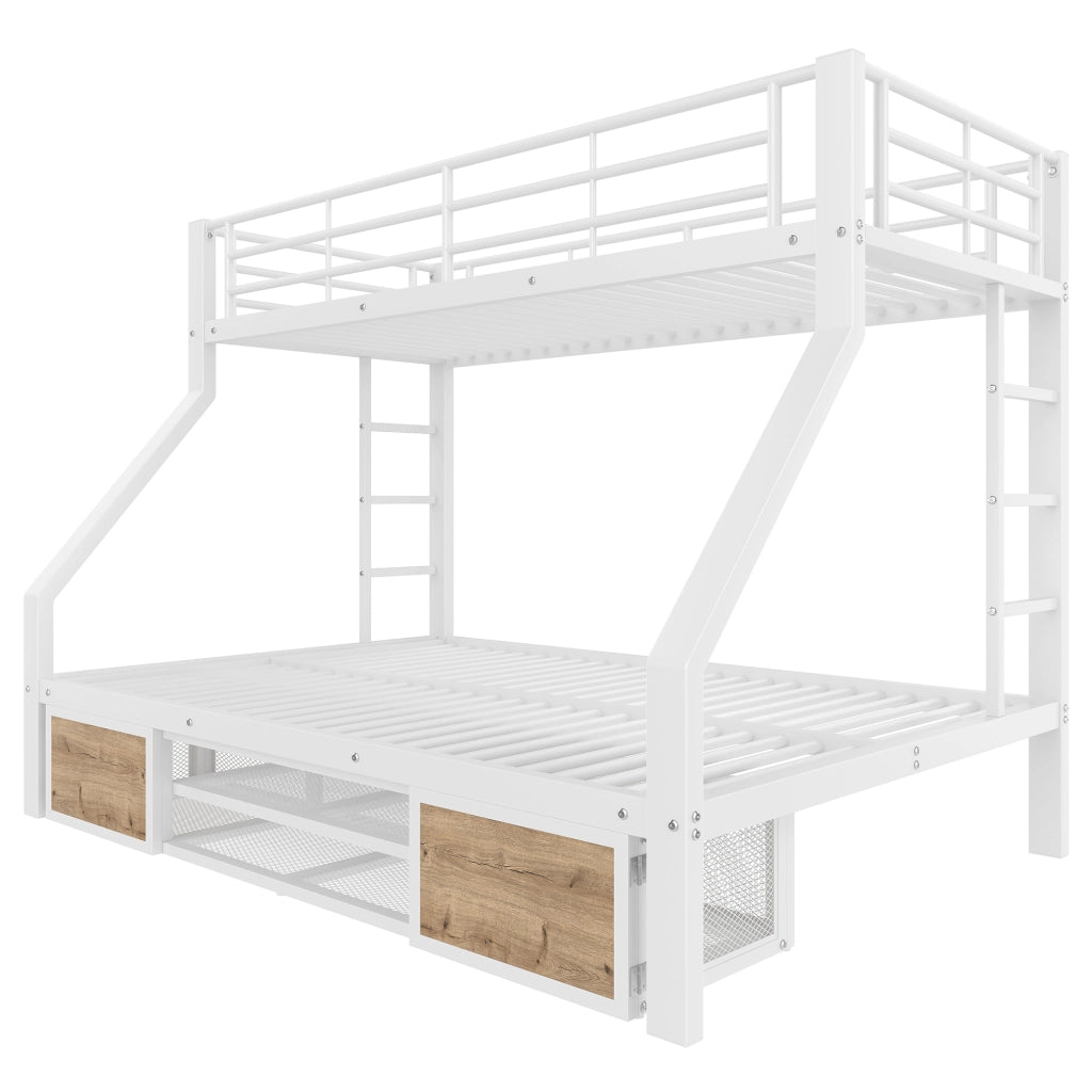 Letto a castello in metallo con scarpiera, cassetti e LED, 90x200+140x200 cm, bianco