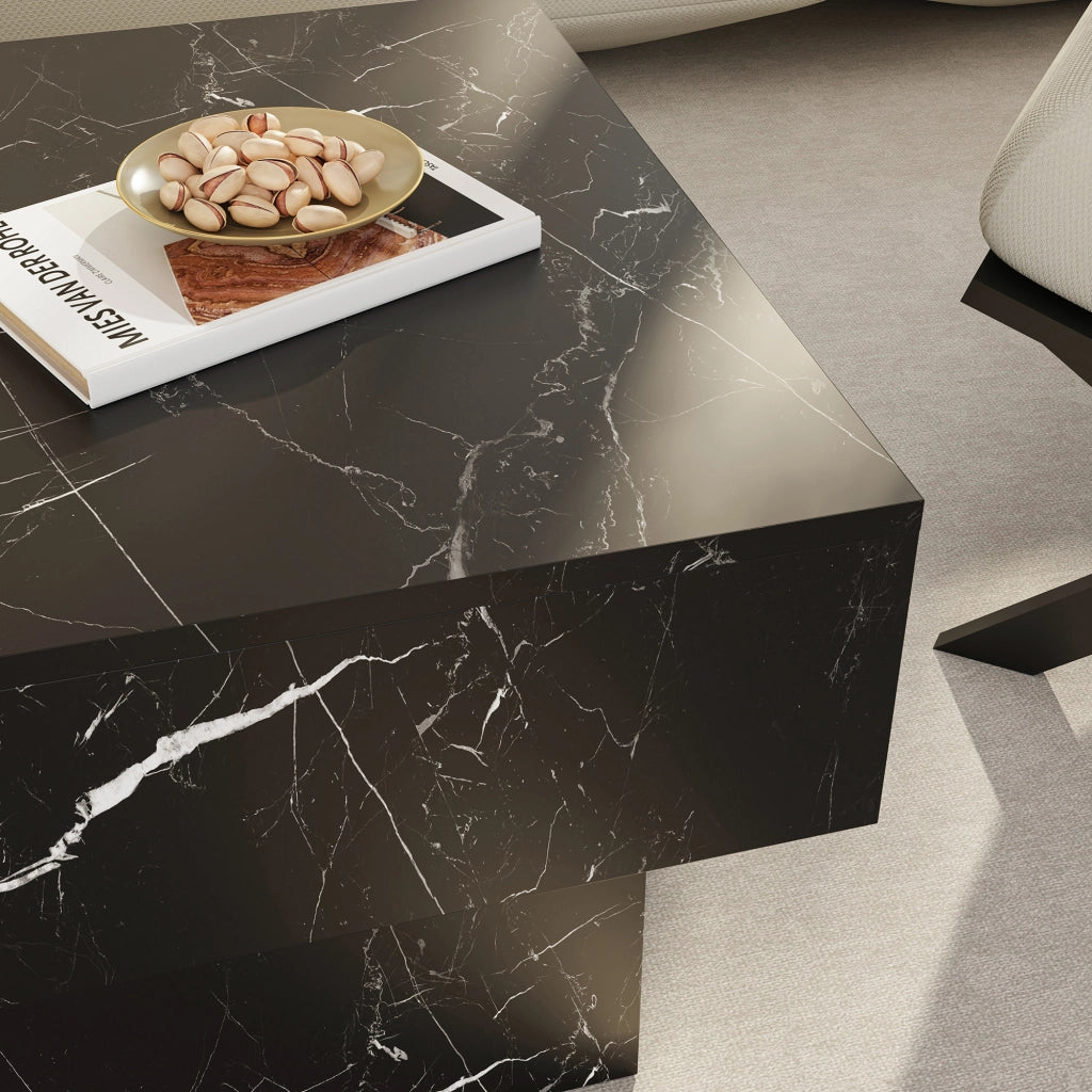 Tavolino Centrale Lens da Salotto con Piano Scorrevole 80 x 60 x 36 cm - Effetto Marmo Nero [en.casa]