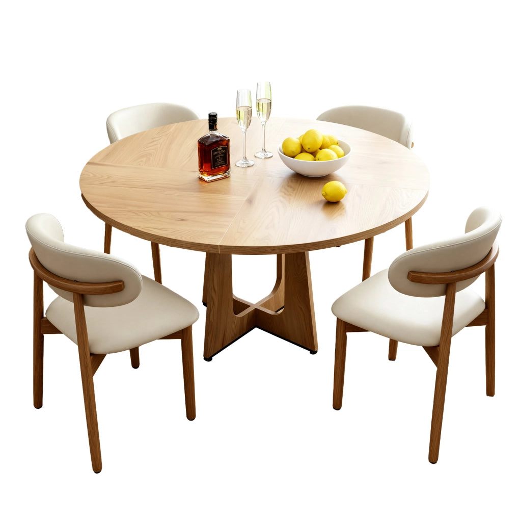 Set tavolo da pranzo rotondo ?120 cm con 4 sedie; MDF effetto rovere e legno di quercia