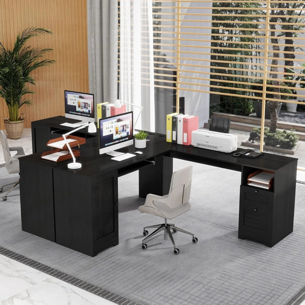 Scrivania a L per gaming lavoro e scrittura 168 x 168 x 76 cm, Scrivania angolare moderna con 2 prese Nero-Scrivanie