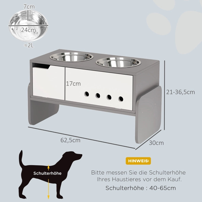 Stazione rialzata per cani con vano contenitore, 2 ciotole in acciaio inox da 2000 ml, grigio