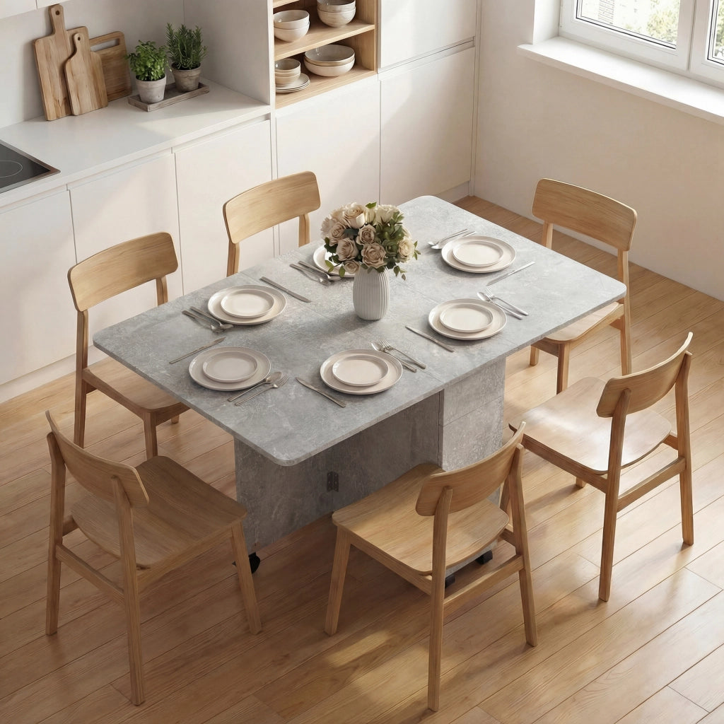Tavolo da Pranzo Pieghevole a Ruote con 2 Cassetti, 2 Ante e Armadietto, in Legno, 140x76x74 cm, Grigio Cemento