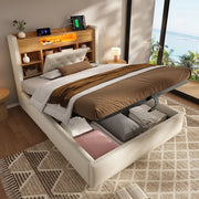 Letto contenitore 90 × 200 cm con illuminazione LED, USB e Type-C, testiera con ripiani, senza materasso, beige