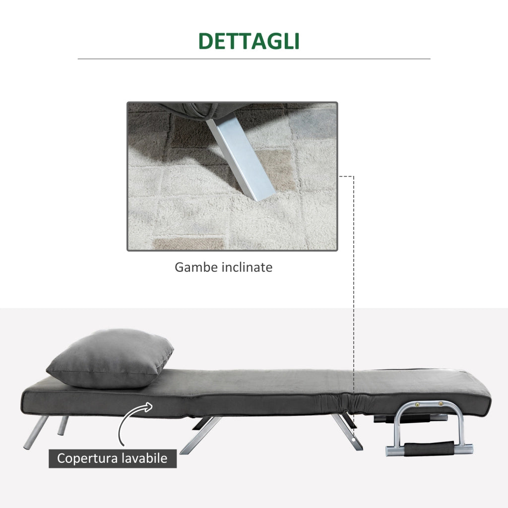 Poltrona Letto Singolo 3 in 1 con Schienale Reclinabile su 5 Livelli e Cuscino, Divano Letto Singolo Pieghevole per Soggiorno e Salotto in Pelle Scamosciata e Metallo, 65x69x80 cm, Grigio