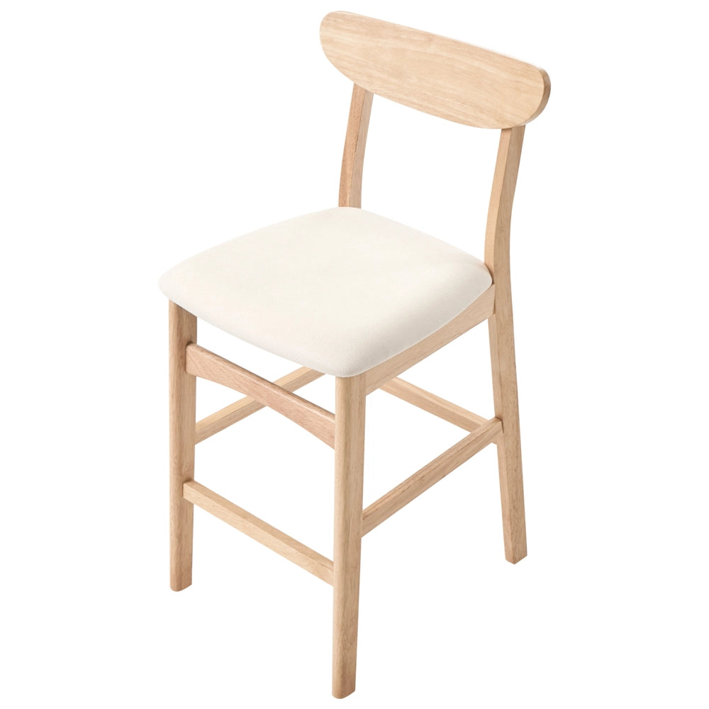 Set di 2 sedie da bar in legno di gomma marrone chiaro e beige chiaro, struttura in legno di gomma, seduta in tessuto, senza braccioli, design retrò
