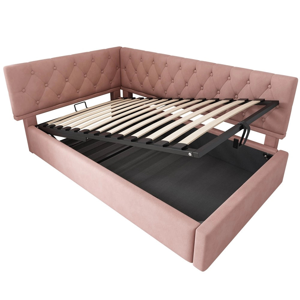 Letto Imbottito Contenitore con Rete a Doghe ¨C MINIMAL ¨C Velluto Rosa 90x190