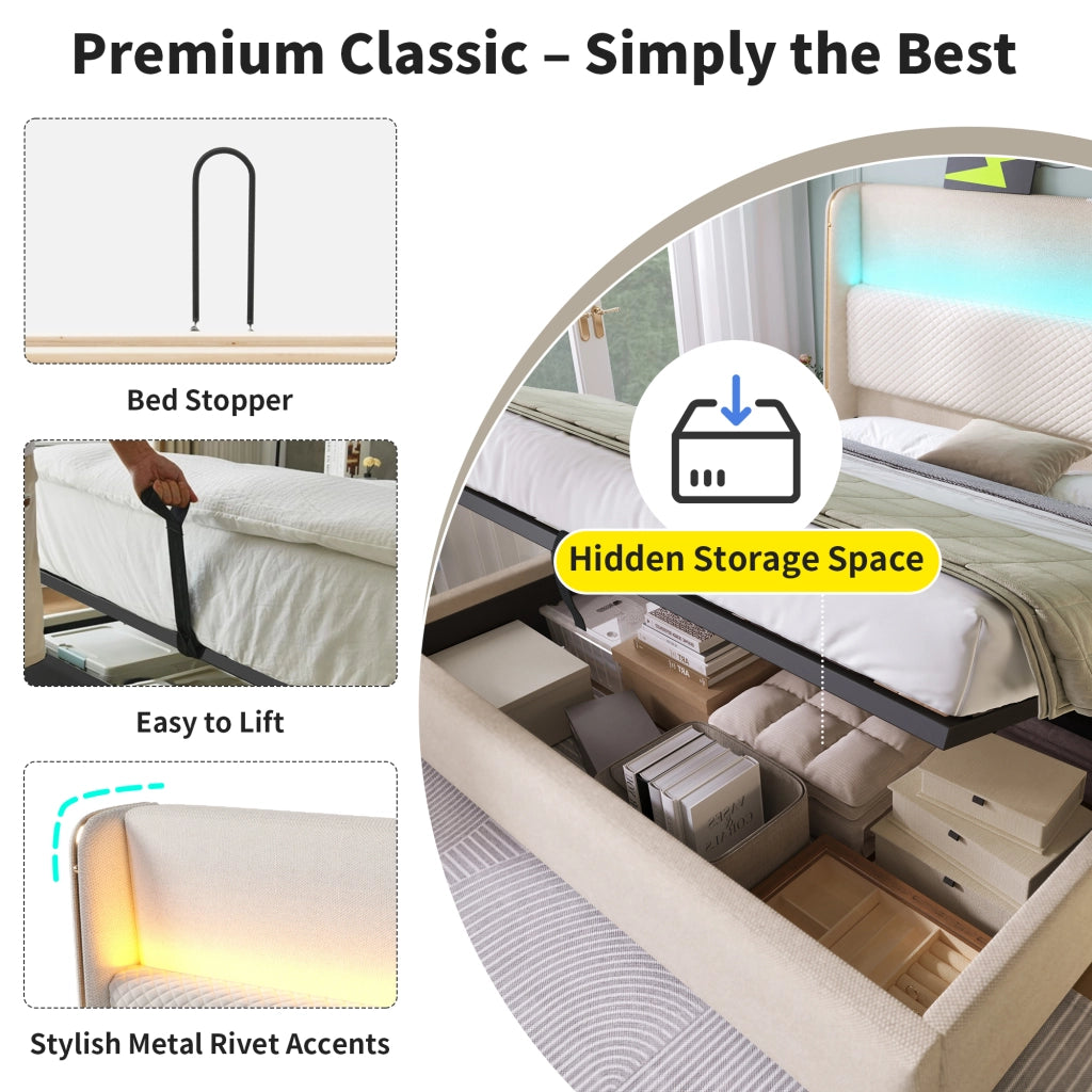 Letto Contenitore 140x200 cm; LED; USB e Type-C in Lino Beige