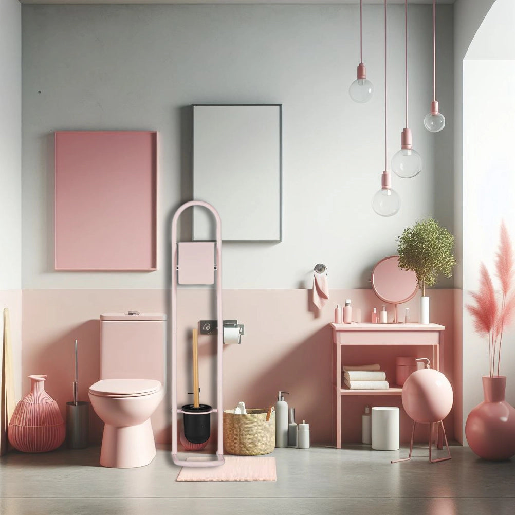 Piantana Portarotolo e Portascopino Metallo Verniciato e Bambù Salvaspazio Rosa