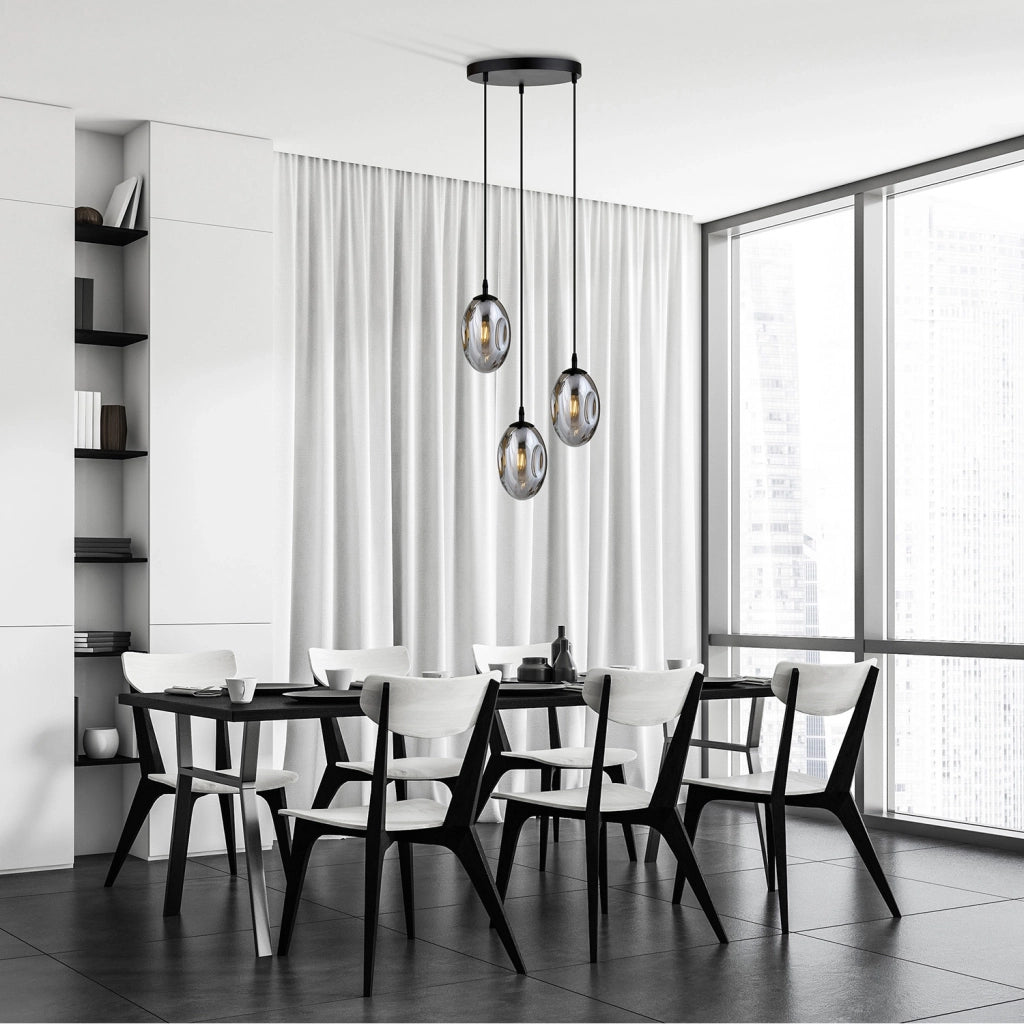 Sospensione Minimal 3 Luci Pendragon Acciaio Nero E Vetro Fumè