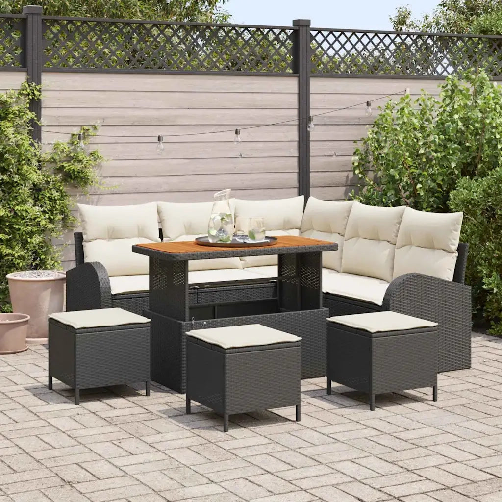 Set Divano da Giardino con cuscino 9 pcs Nero polyrattan