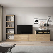 Mobile TV, Soggiorno, 310x35x186cm, Per TV fino a 65", Camino elettrico, colore Rovere e nero RF3154