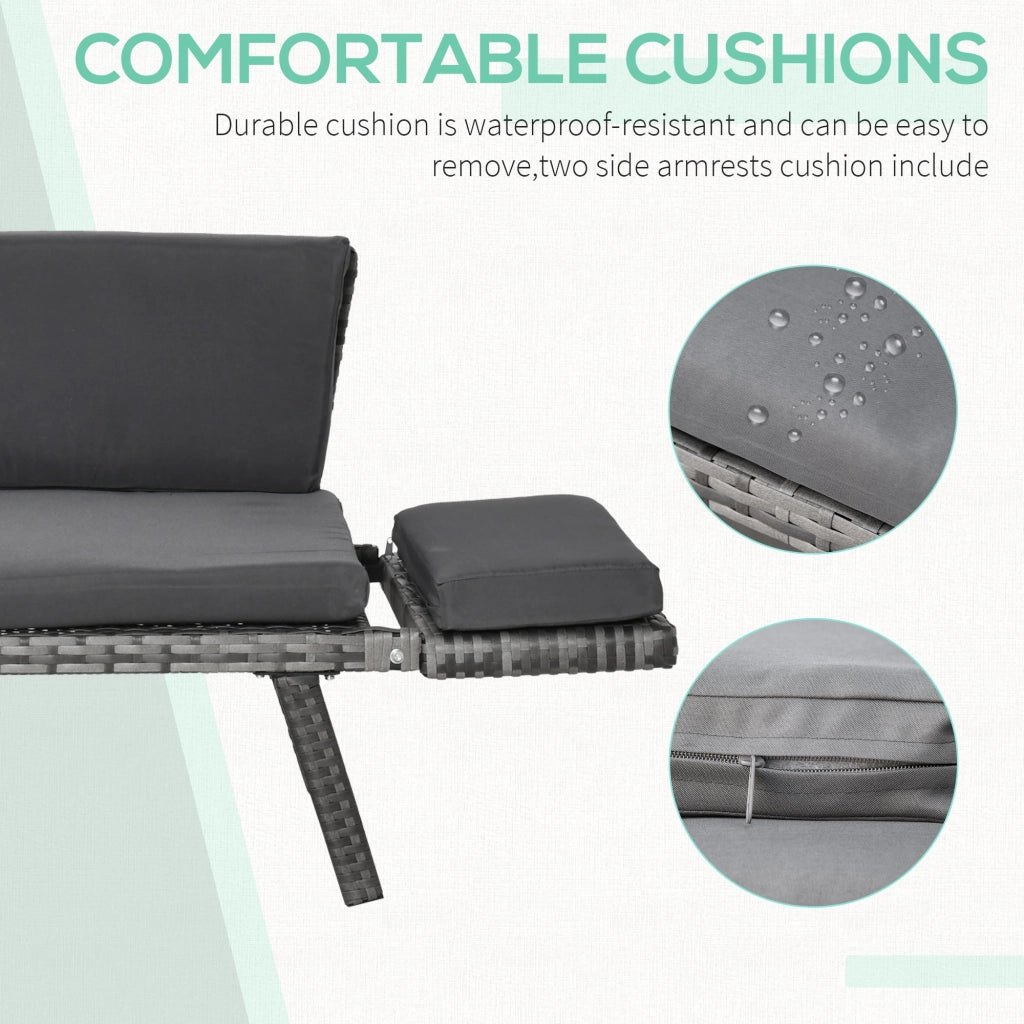 Divano da Giardino 2 Posti con Imbottitura e Braccioli Ribaltabili 129x63x67 cm in Rattan Grigio