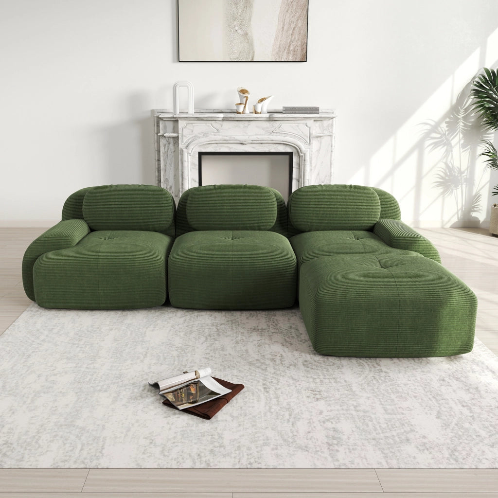 Divano angolare modulare senza montaggio 298x178x70 cm in tessuto effetto velluto a coste verde