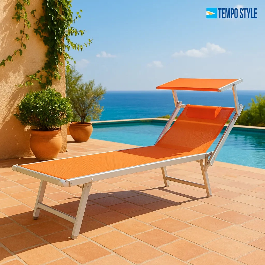 Tempo Style - Lettino Prendisole Terracotta con Parasole e telaio bianco