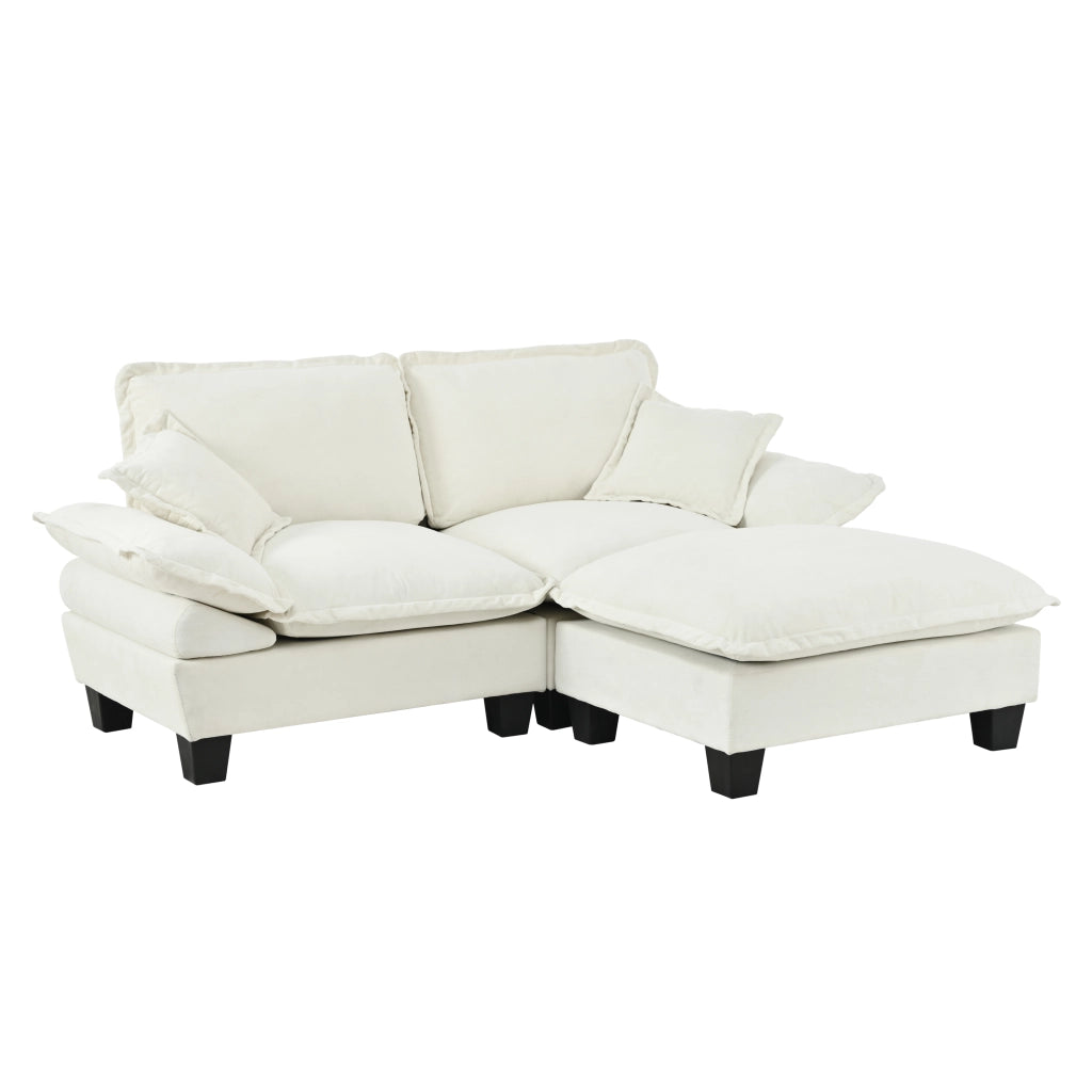 Divano angolare con chaise longue e cuscini; in chenille beige 194×151×90 cm