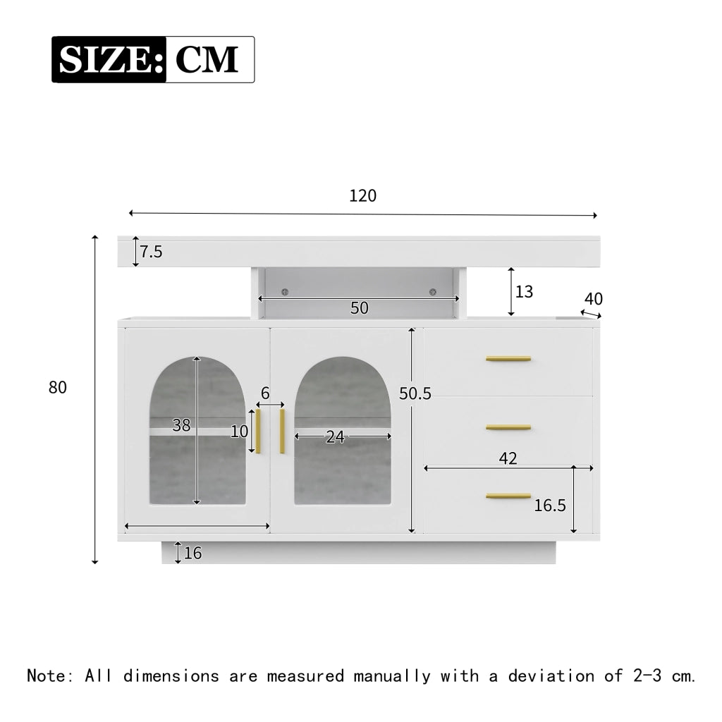 Credenza con 3 cassetti; vani aperti e LED RGB per soggiorno; 120 x 40 x 80 cm; bianco