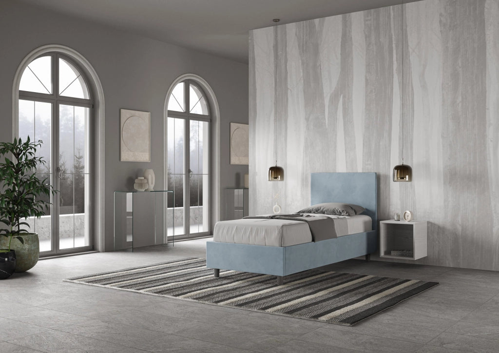 BS COM Letto singolo con rete imbottito 90x200 microfibra azzurro