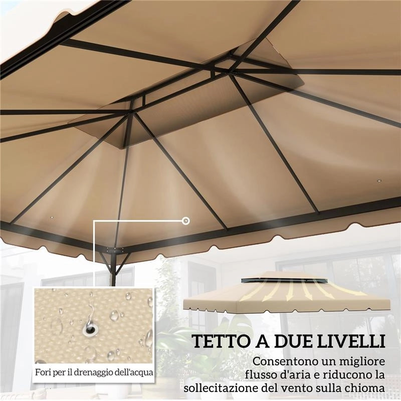 TETTO PER GAZEBO 3X4 M A 2 LIVELLI CON 8 FORI DI DRENAGGIO IN POLIESTERE BIANCO CREMA