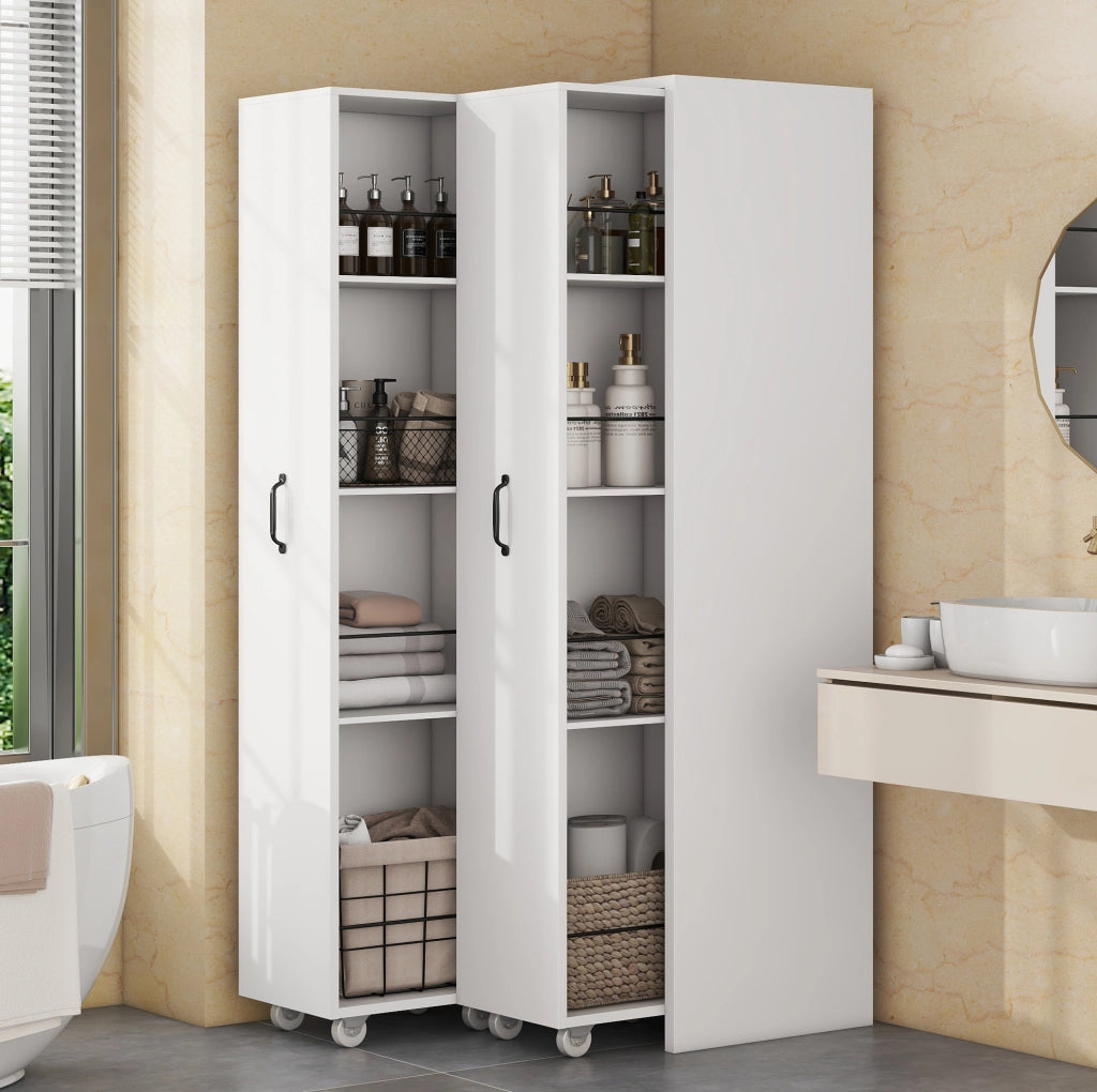Libreria estensibile ULEVR 51,5x41x158 cm con ruote, 4 ripiani per modulo e barre metalliche, bianca
