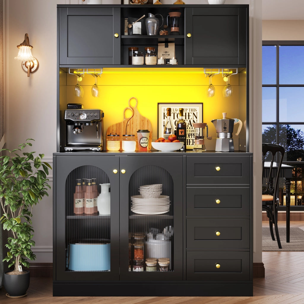 Credenza da Cucina Alta con 4 Ante; LED Regolabile e Vani Interni; in MDF Nero; 120 x 40 x 188 cm