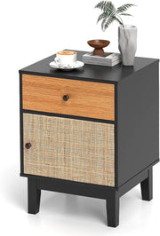 Comodino Camera da Letto con Cassetto e Anta in Rattan, Comodino Piccolo in Legno, Gamba di Pino, Dispositivo Antiribaltamento, Tavolino Vintage per Soggiorno, Studio, 40x39x55cm (Nero)