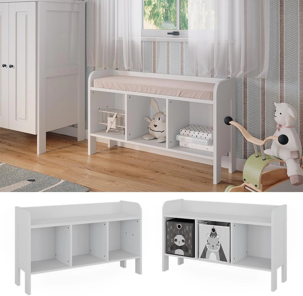Scaffale per bambini Ajaton, Bianco, 107.2 x 63.8 cm, con scaffale per giocattoli e 3 vani aperti per riporre gli oggetti
