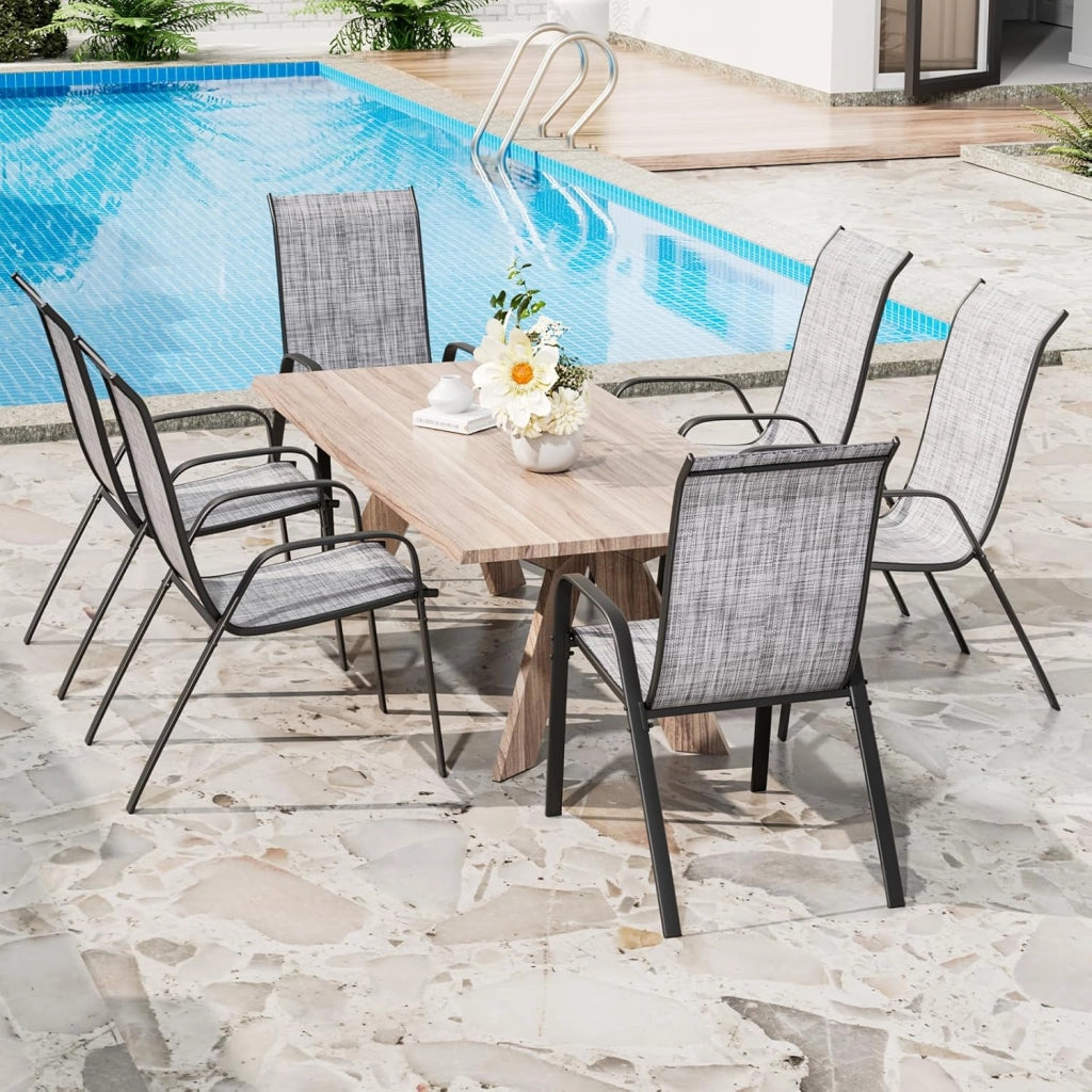 Sedia da giardino impilabile, da campeggio, impilabile, con schienale alto, in acciaio textilene, per giardini, cortili, balconi, ristoranti, 150 kg, portata: 54 x 69 x 93 cm 6pcs Lino grigio